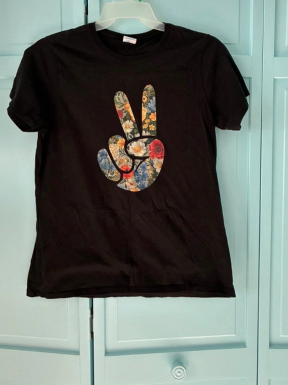 Ladies Black Graphic Tee with Floral Peace Sign